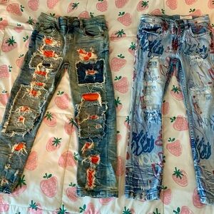 Distressed Jeans with Red and Blue Accents